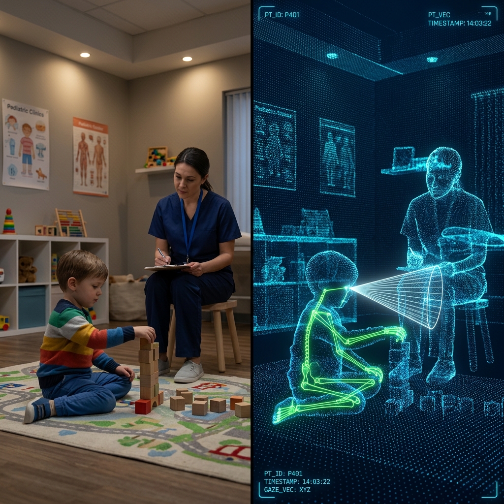 Split-screen showing real clinical room vs glowing 3D point cloud