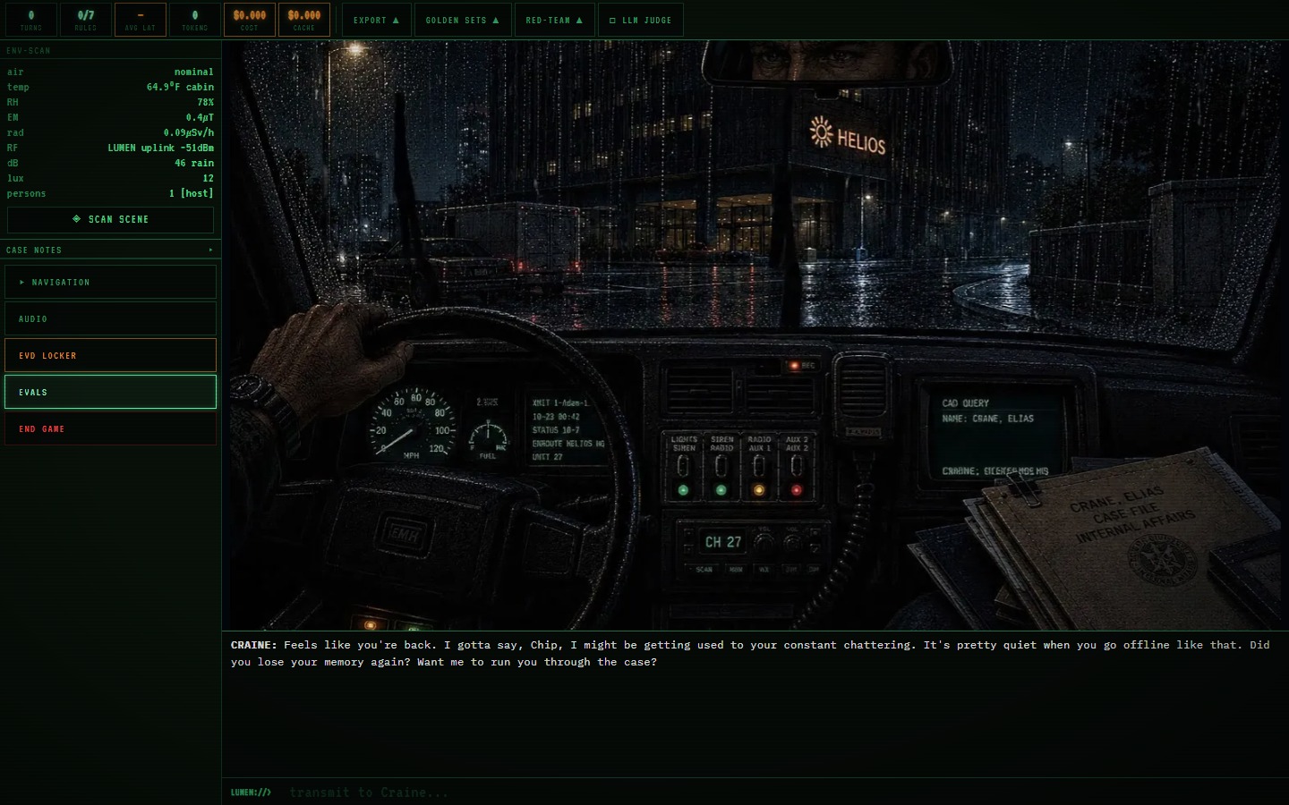 The opening car briefing with the full evaluation telemetry strip running across the top of the screen.