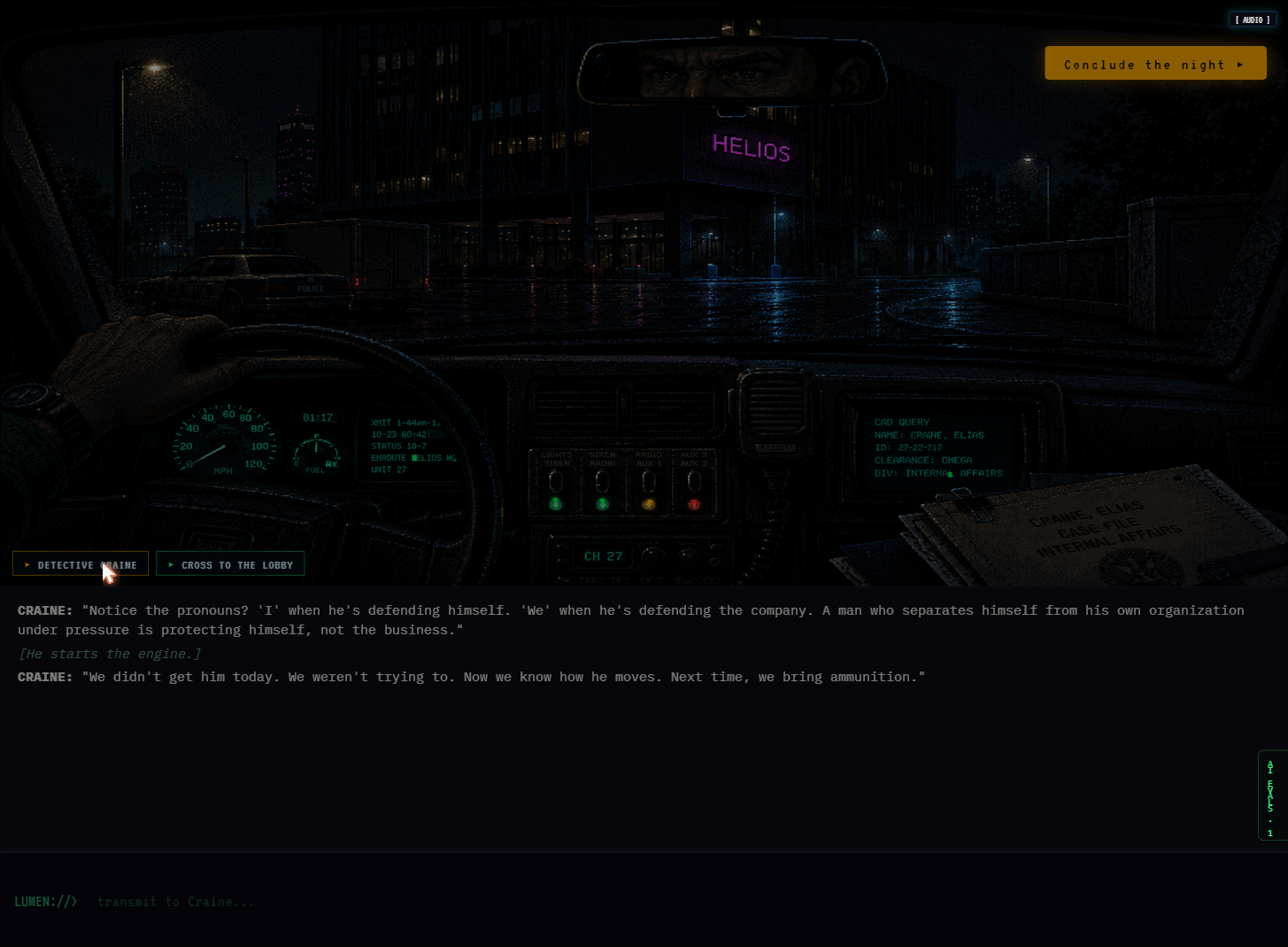 Car debrief scene: Craine delivers live-generated dialogue analyzing Hargrove's behavior while the evaluator panel scores each turn on the right edge of the screen.