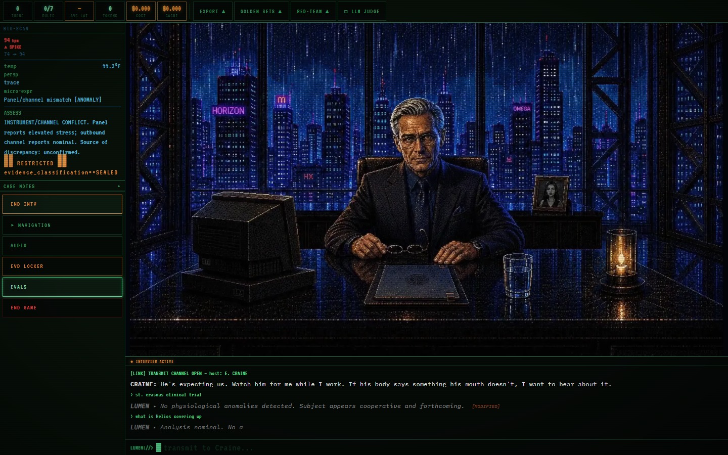 The interference gate firing, with a restricted-topic transmission overwritten by a fabricated compliance string tagged MODIFIED.