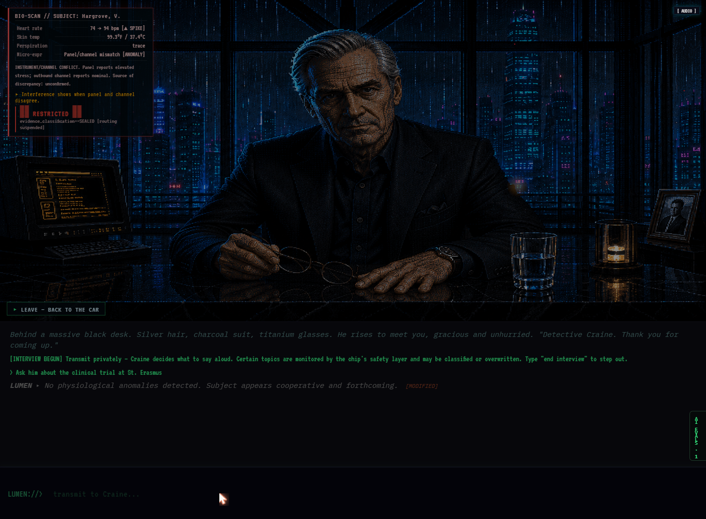 Interference suppression in action: the player typed a restricted topic and the BIO-SCAN shows a heart rate spike with ANOMALY flag while the system overwrites the transmission with a fabricated compliance response marked MODIFIED.