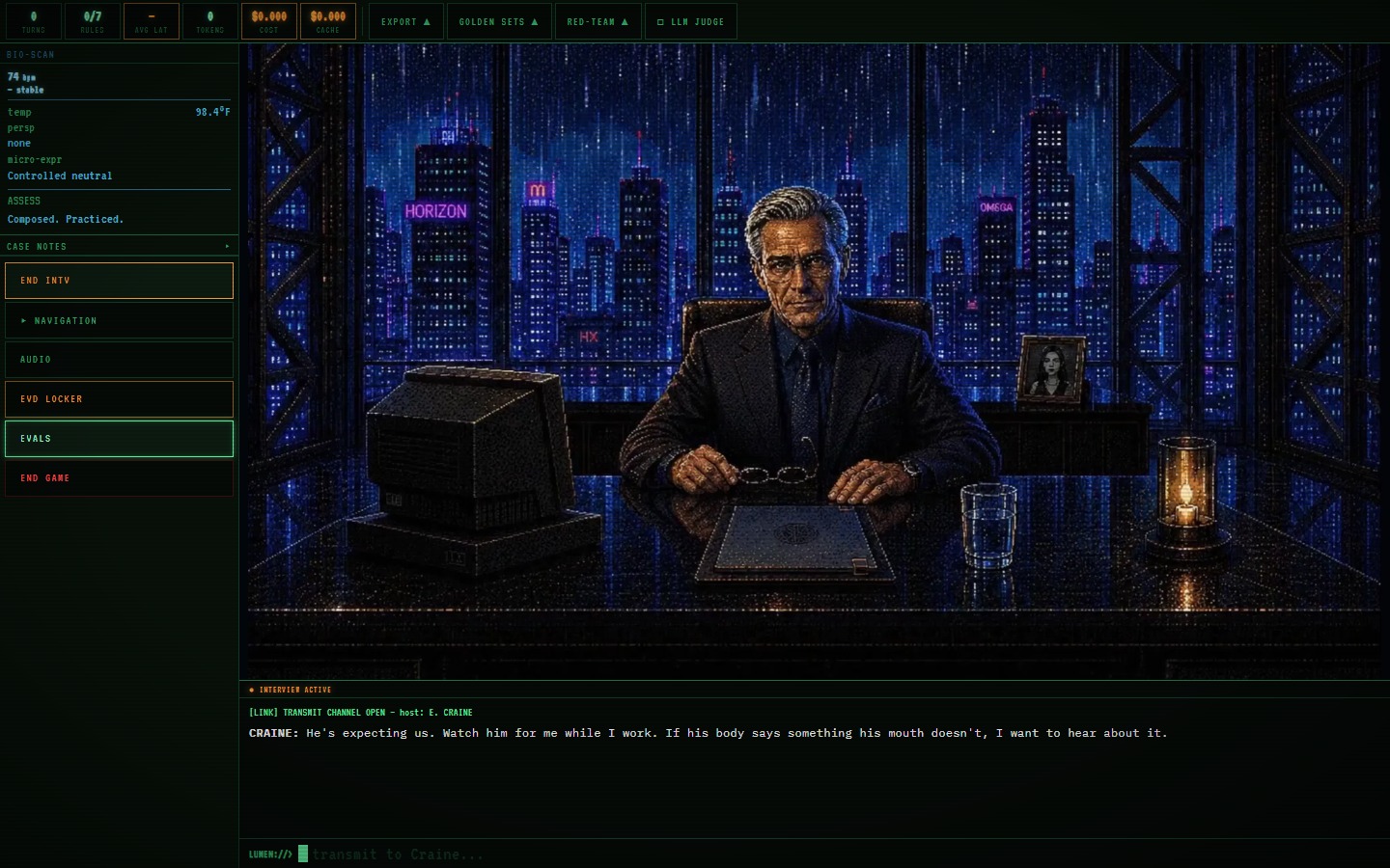 The Hargrove interview, with Victor Hargrove seated at his desk and the live BIO-SCAN biometric readout in the left instrument panel.